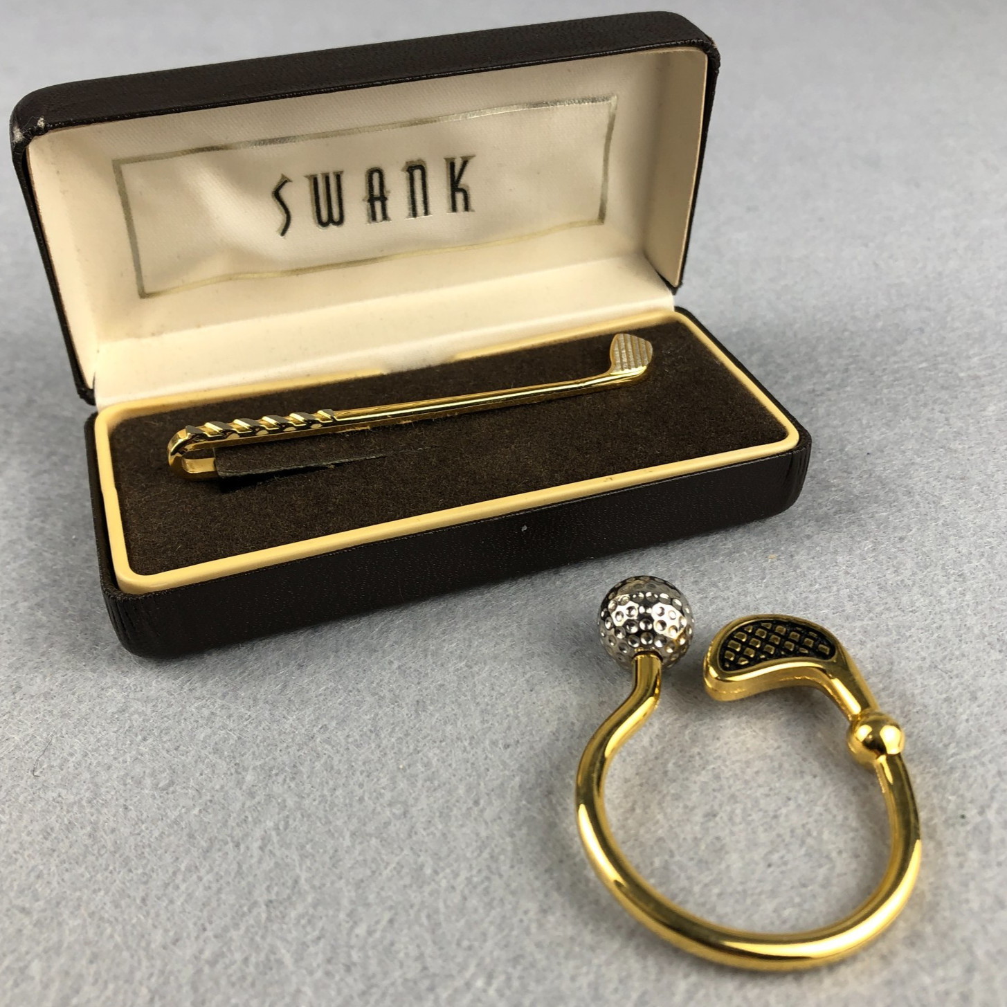 SWANK Gold GOLF Club Tie Clip Bar Clasp Necktie Vintage 50-60s Plus Golf Keyring