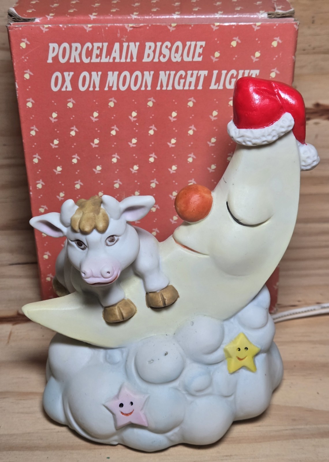 Vintage Porcelain Bisque Cow on Moon Night Light Nursery Lamp