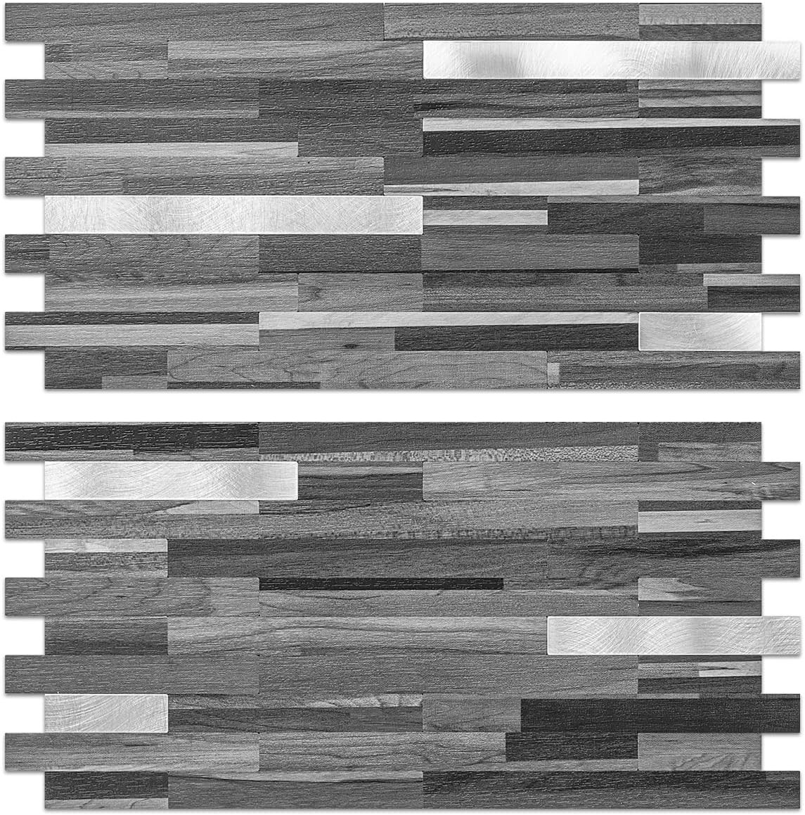 AULIGET 20 Sheets Peel and Stick Backsplash, Black & Grey Wood Look PVC Mixed Me