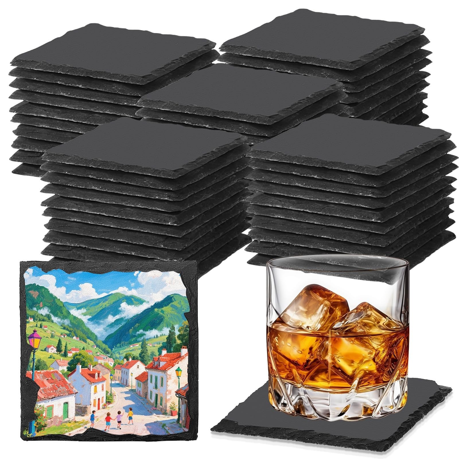 60 PCS Slate Coasters Black Square 4 Inch Bulk Rock, Blank Laser Engraving, S...