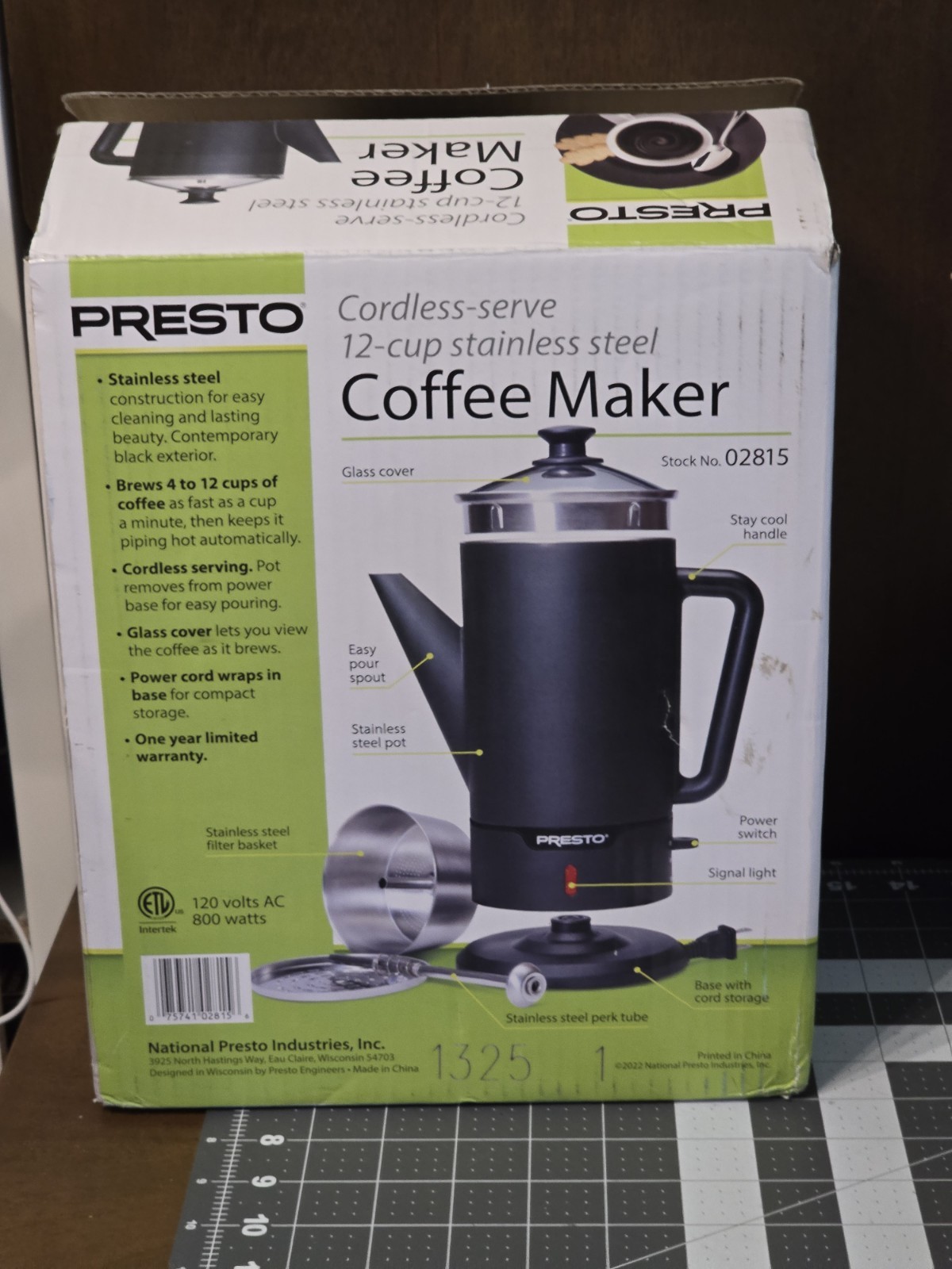 Presto 02815 Cordless Coffee Maker Stainless Steel Percolator, Easy Pour, Black