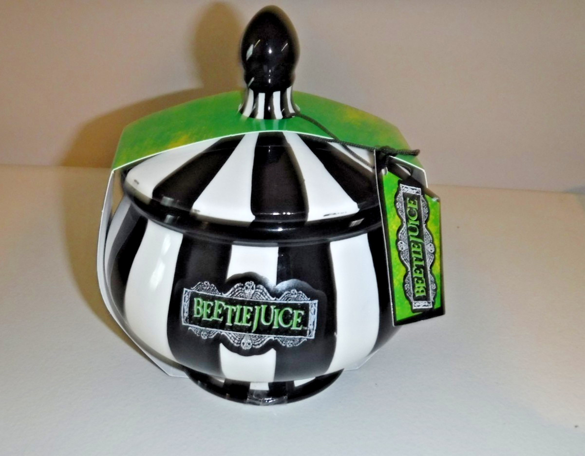 BEETLEJUICE Candy Jar Black/White Stripe  w/ Sour Worms NEW