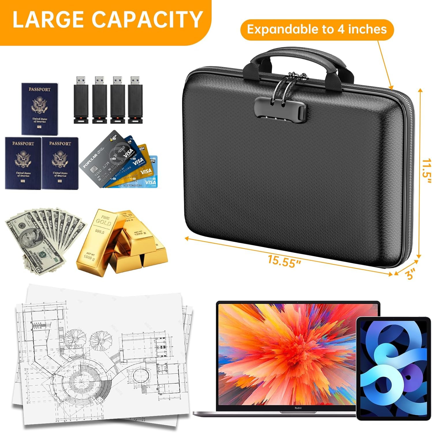 Fireproof File Organizer with Lock, Hard-Shell Case Fireproof Document Box with