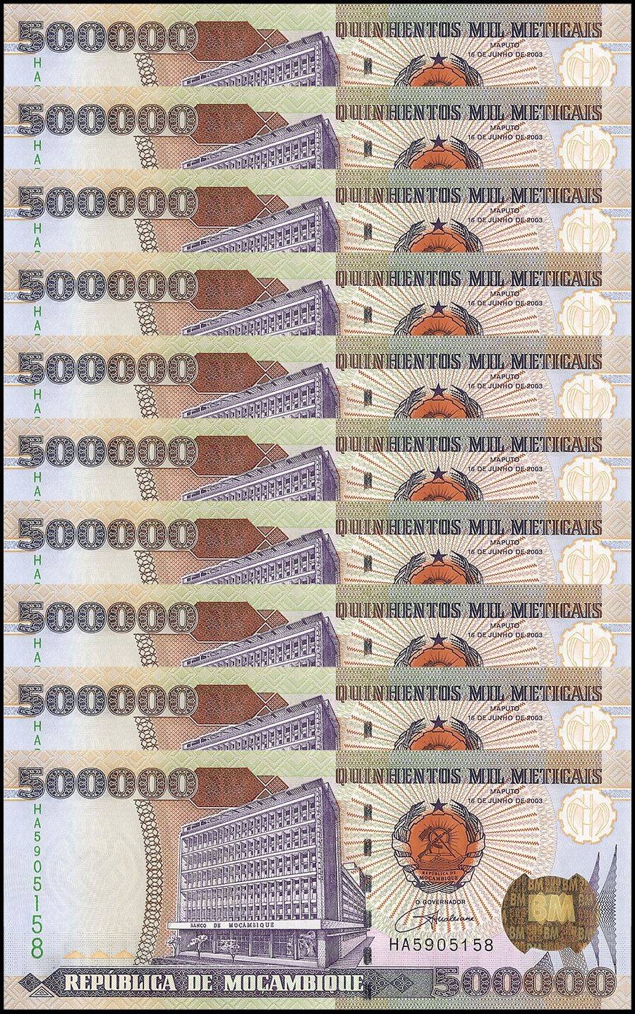 Mozambique 500000 Meticais, 2003, P-142, UNC X 10 PCS