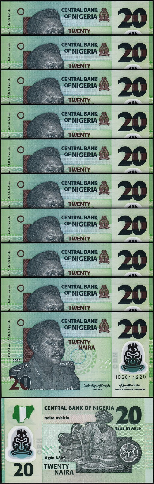 Nigeria 20 Naira 2022, AU / UNC, 10 Pcs LOT,  P-New, Polymer