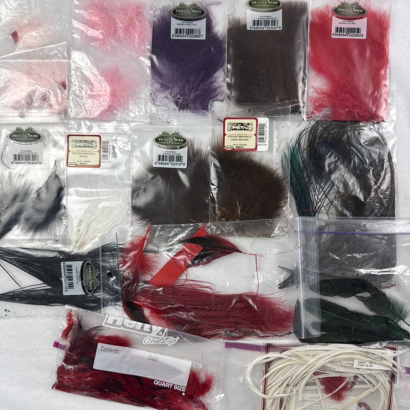 Lot Fly Tying Feathers Trouts Men Sportsman's Marabou Red Purple Brown Fishing