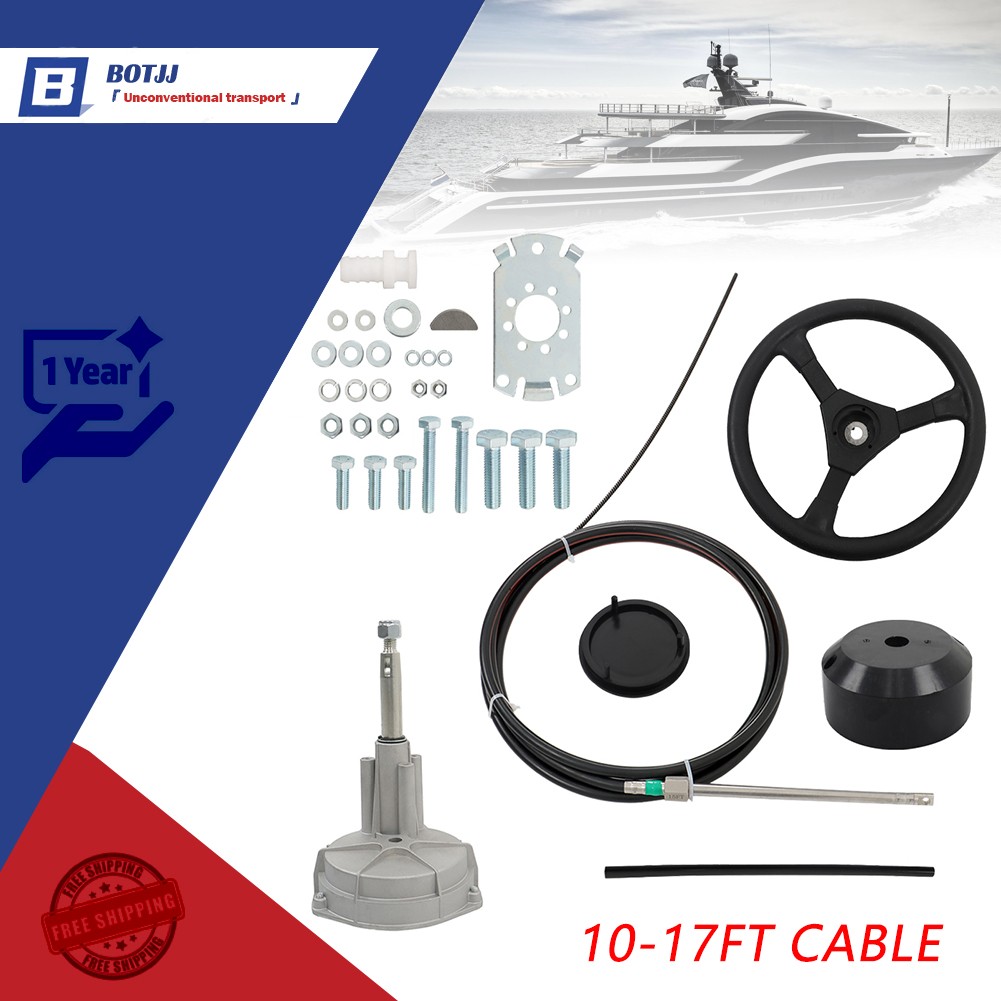10-17FT Marine Cable Boat Rotary Steering System Outboard Kit With 12.4" Wheel