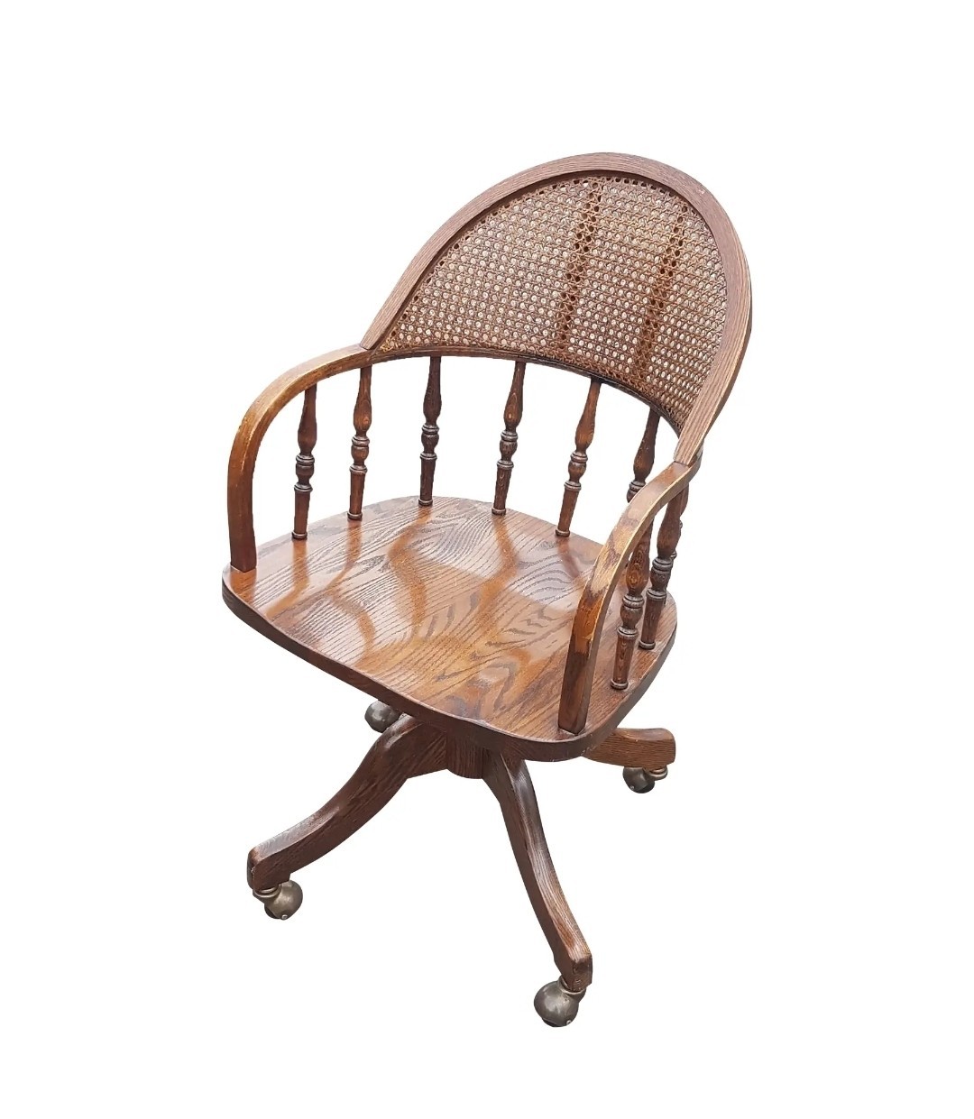 Mid Century Caned Back Oak Wood Swivel Chair