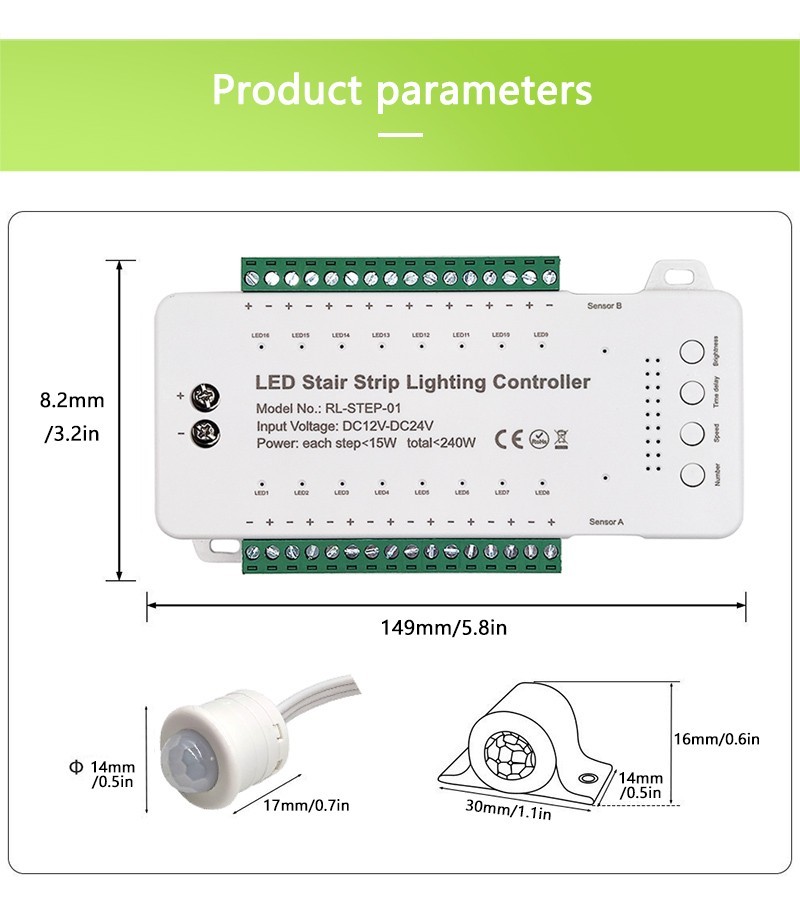 Smart Step Light Sensor Controller 16 Channel DC12V-24V For Stair Led Lighting