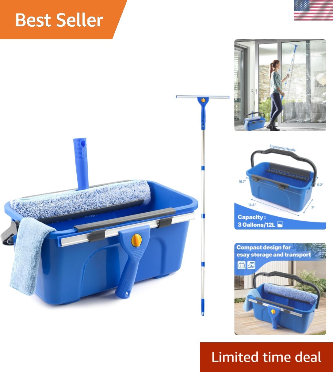 Window Cleaning Kit with Bucket 3 Gallon, 14" Window Squeegee and 15" Scrubbe...