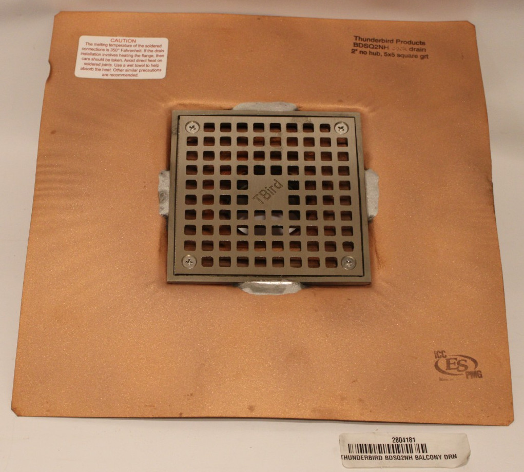 Thunderbird BDSQ2NH - 2in No-Hub Square Top Bowl Deck Drain, 5in x 5in Bronze