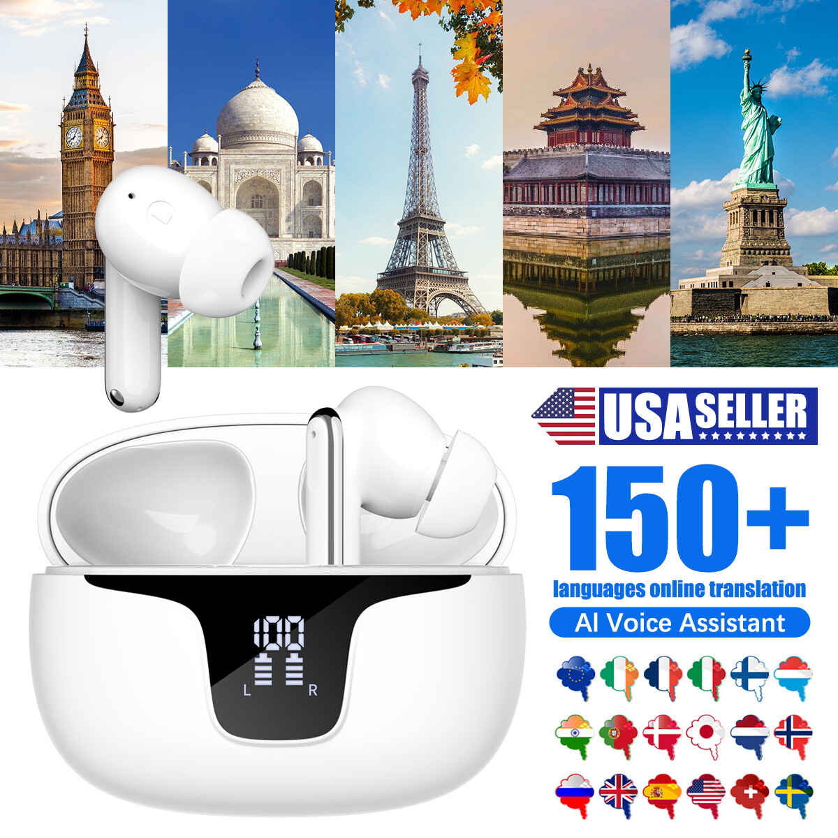 150 Languages Two-Way Translator Earbuds Wireless Headphone Bluetooth Headset !