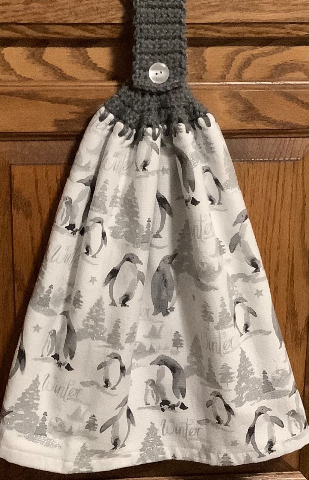 Double hanging Kitchen  towel winter Xmas winter penquins crotched gray Top.