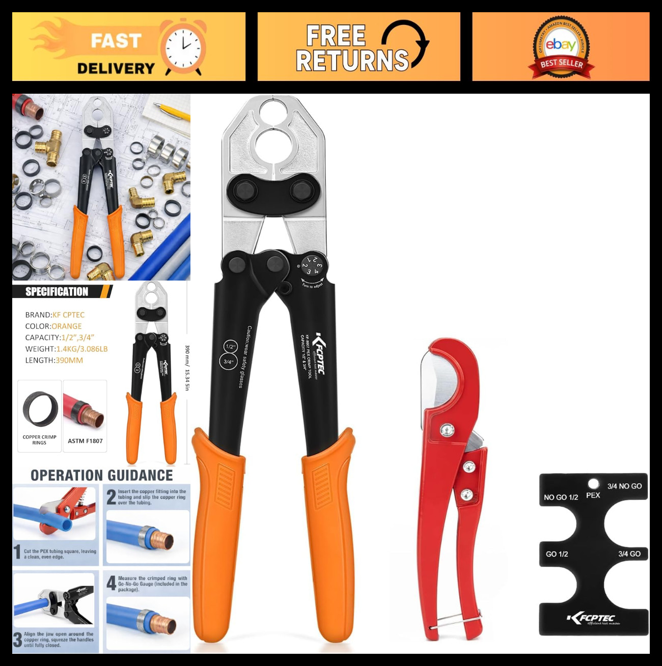 Heavy-Duty PEX Crimping Tool with Tubing Cutter & Go/No-Go Gauge, ASTM F1807 Cer
