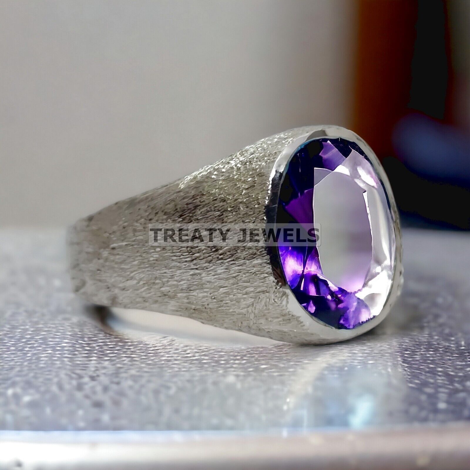 Amethyst Oval Cut Gemstone With 14K Solid White Gold Ring For Men's #132