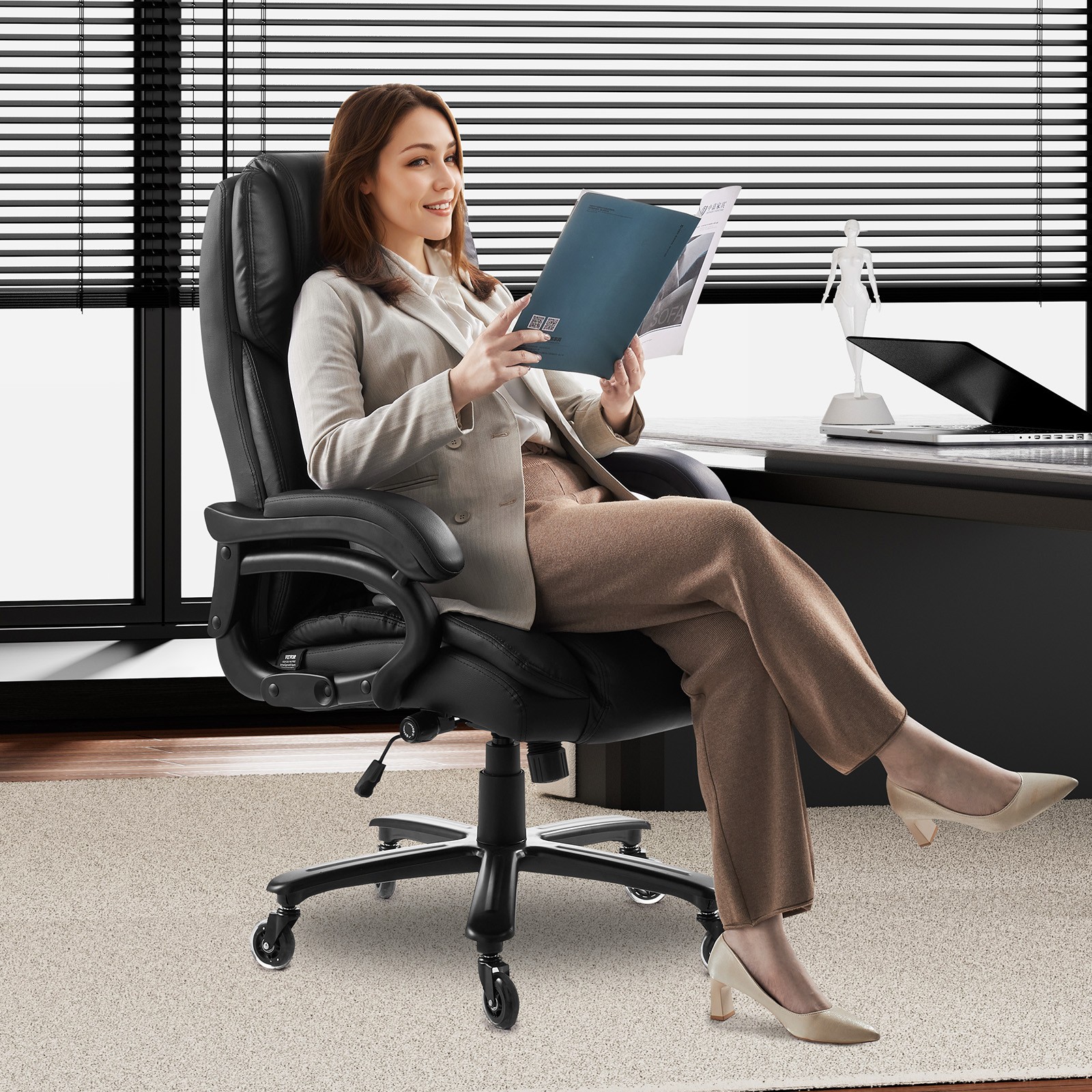 Executive Chair High Back Office Chair Knob-Control Lumbar Support Black