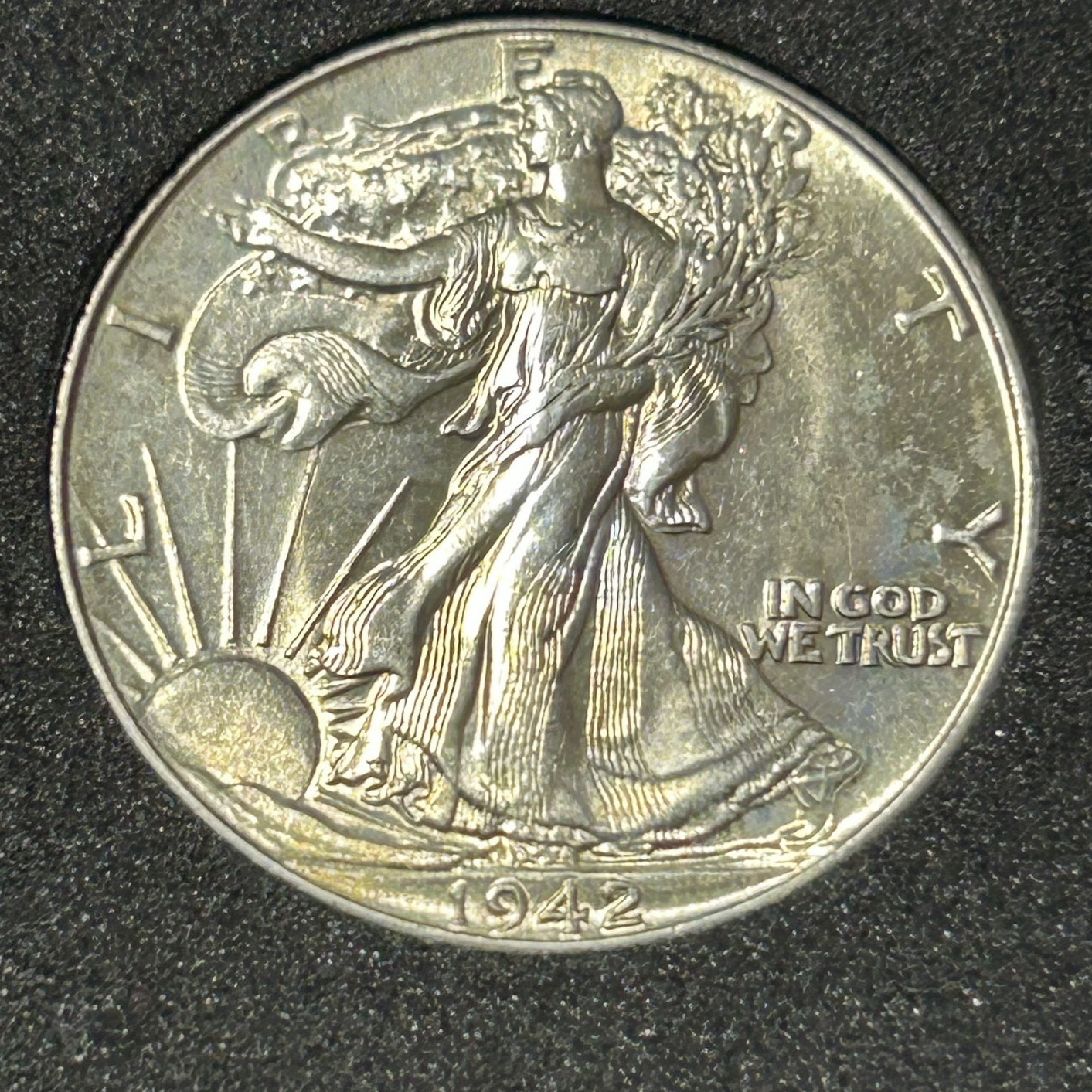 1942 Walking Liberty Half Dollar UNC Choice BU Philadelphia Early Rainbow Toning