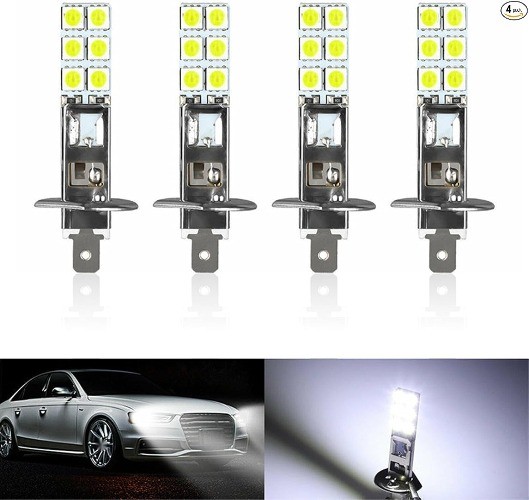 4 PCS H1 Car LED Fog Lamps, 2.4In x 0.4In Super Bright Metal 12SMD-5050 Chip Plu