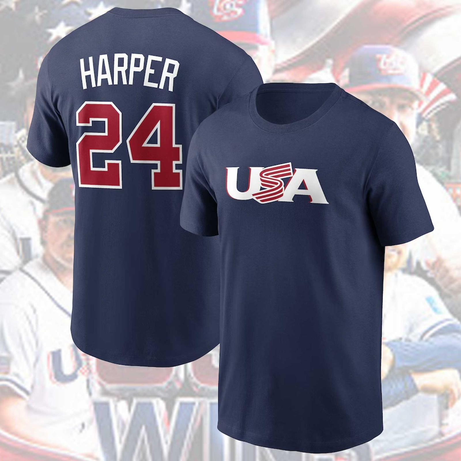 Bryce Harper #24 T Shirt, USA Baseball 2026 World Baseball Shirt Navy S-2XL