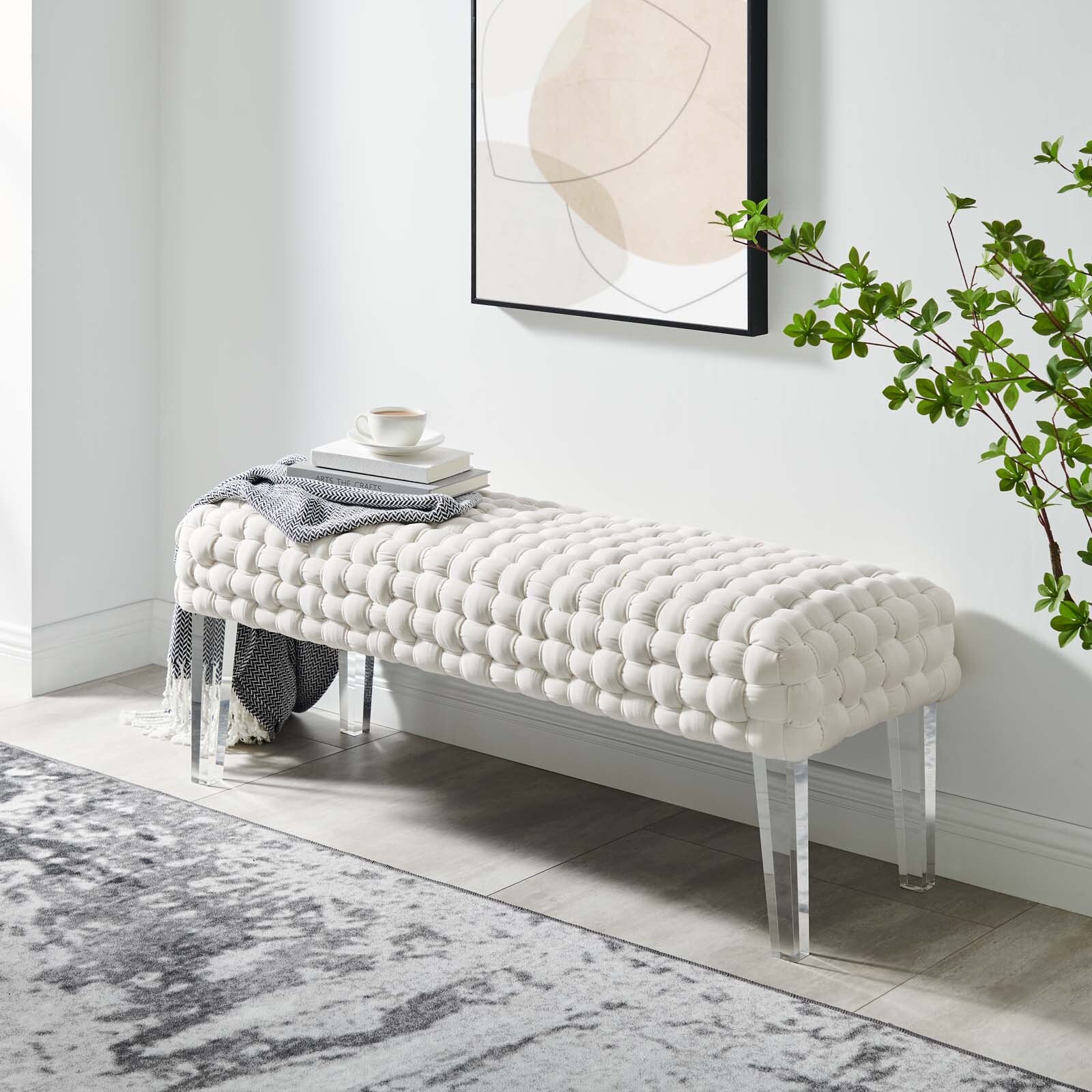 Modway Prologue Braided Velvet Ottoman in White