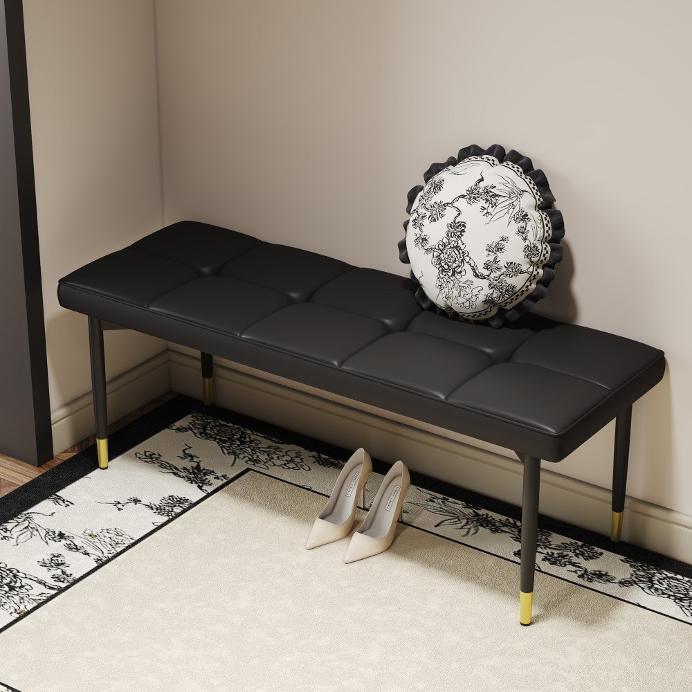 Entryway Shoe Bench w/ Storage - Black Padded Seat, Gold Metal Legs (47x16 Inch)