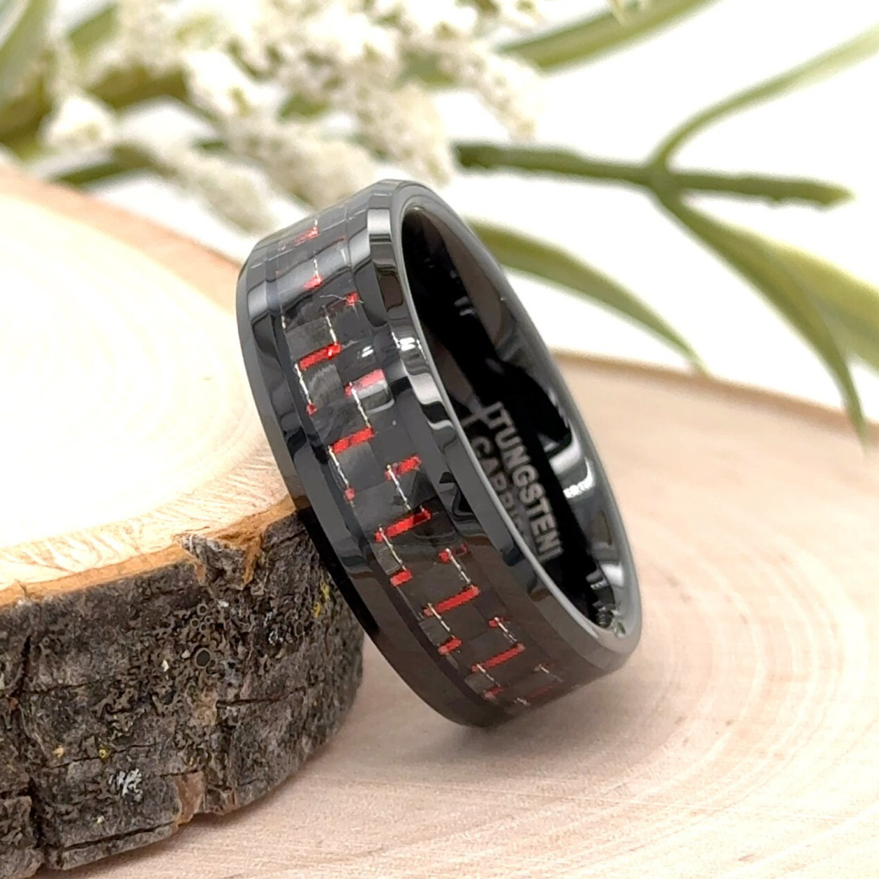 Red Carbon Fiber Inlay Christmas Gifts Band 8MM Black Tungsten Engraved Ring