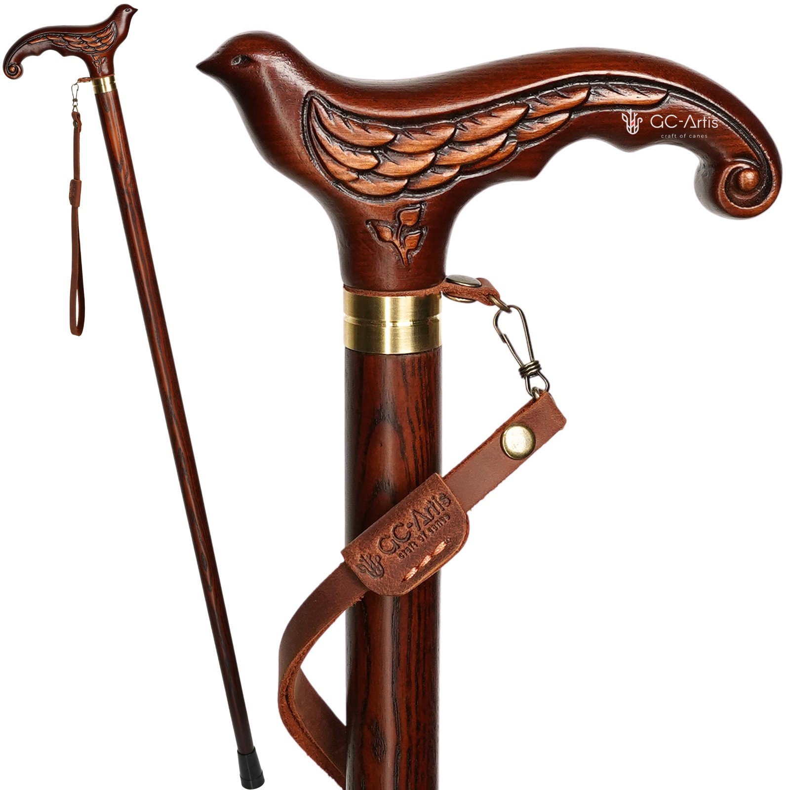 Elegant Cane Walking Stick for Women Wooden carved Pretty Swallow Bird Brown