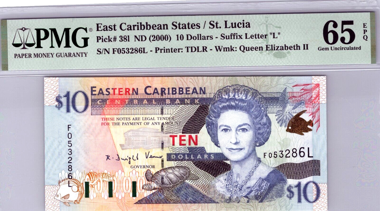 Rare East Caribbean States $10 Dollars 2000 Pick 38l St. Lucia PMG 65EPQ Gem UNC
