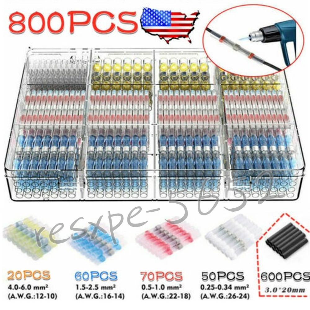 800Pcs Waterproof Solder Seal Sleeve Heat Shrink Butt Wire Connectors Terminals
