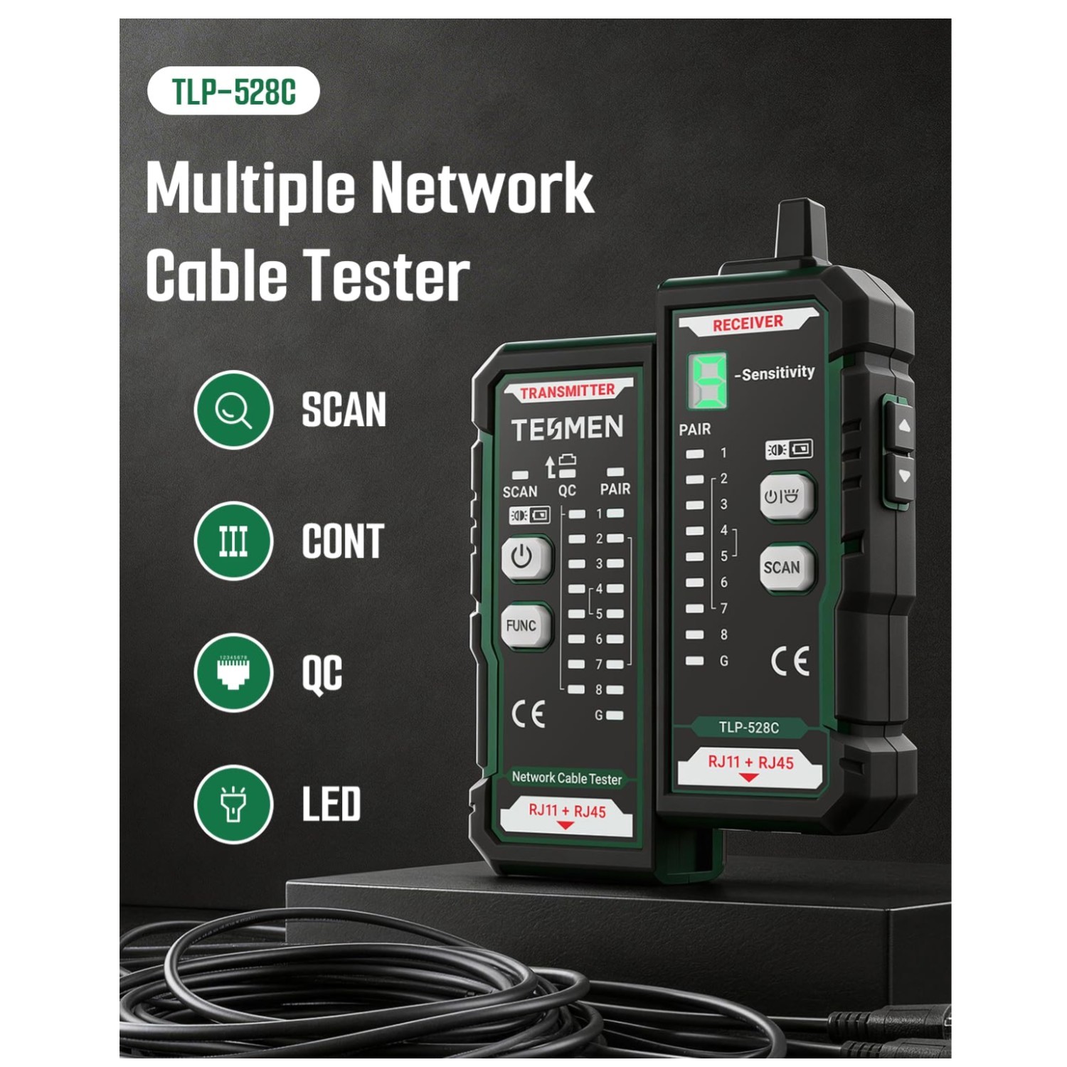 Compact RJ11 RJ45 Network Cable Tester & Wire Tracer - Green