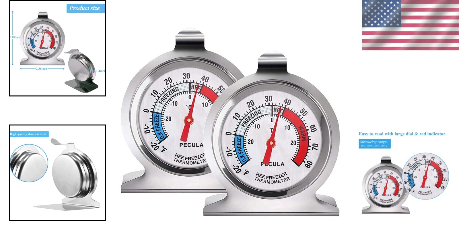 2 Pack Refrigerator Thermometer, Blue, Red