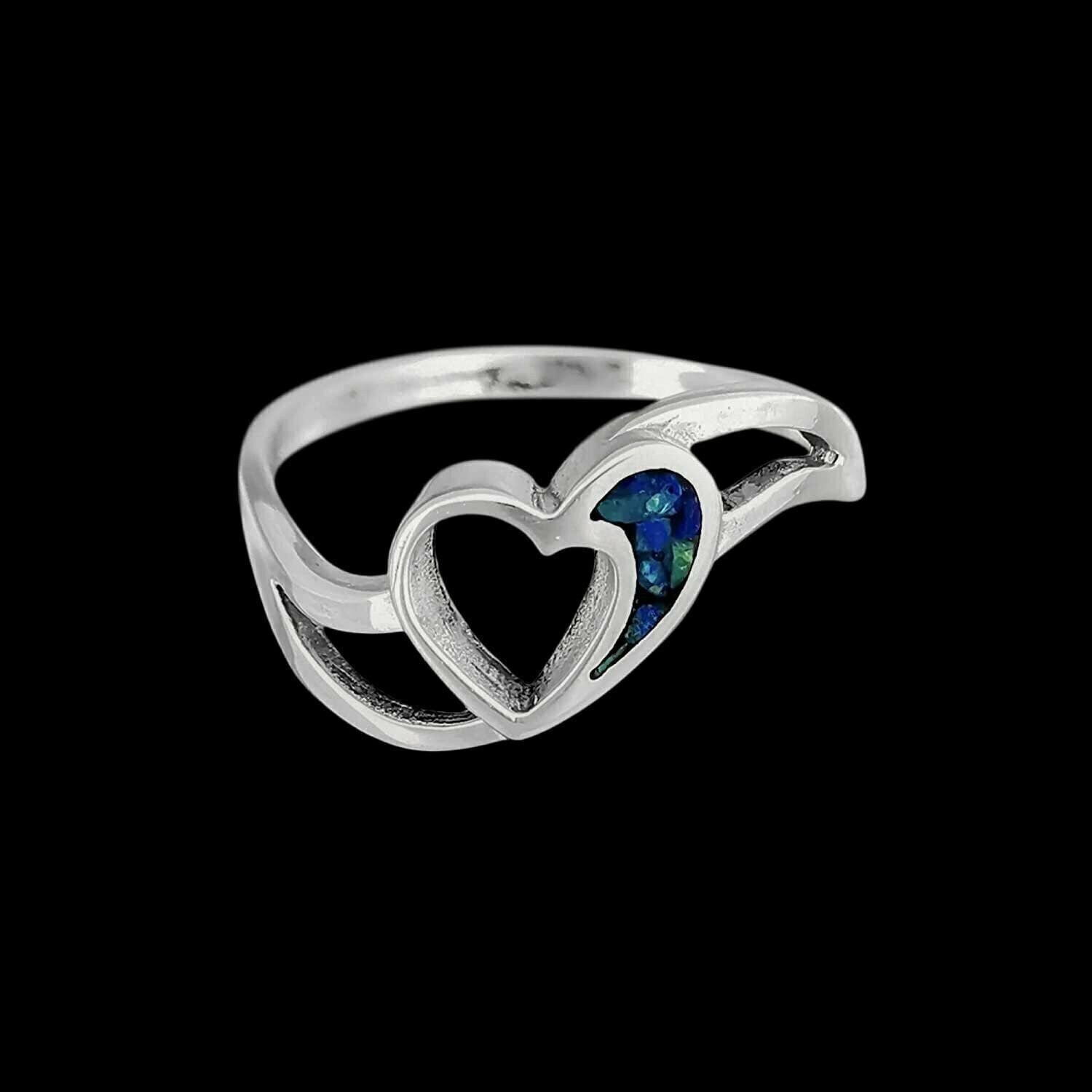 Size 6-925 Sterling Silver Heart Azurite Chip Ring, Hollow Two Prong...