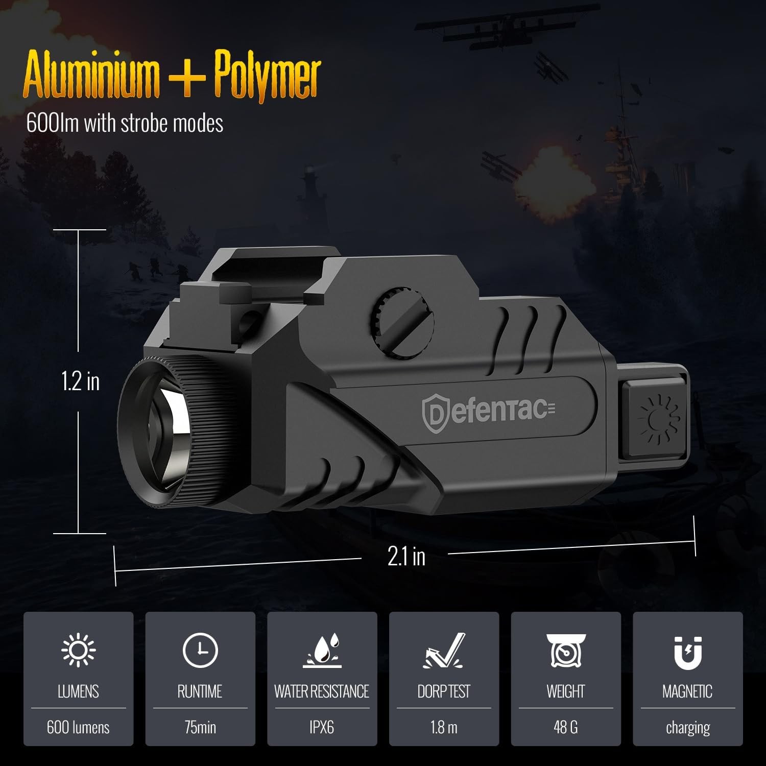 DEFENTAC Pistol Light with Strobe Function for Guns, 600 Lumens Tactical Flashli