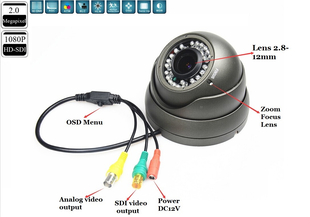 CCTV 2.0MP Full 1080P Waterproof Dome Lens 2.8-12mm IR HD SDI Camera