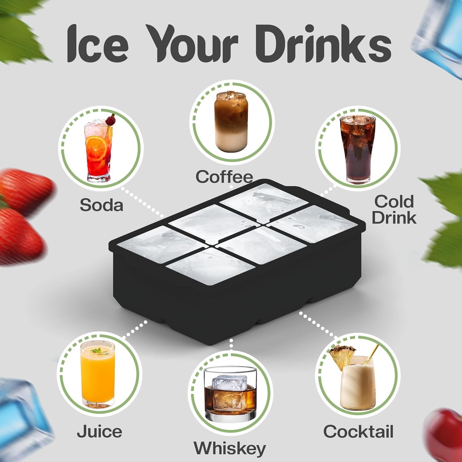 Large Silicone Ice Cube Tray 2 Pack Easy Release 2" Big Ice Cubes Cocktail Ice C