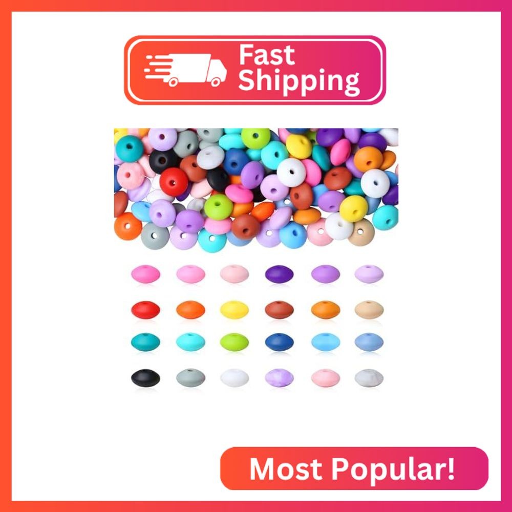 NUKAYAI 200Pcs Silicone Lentil Beads, 24 Colors 12mm Silicone Focal Abacus Bead