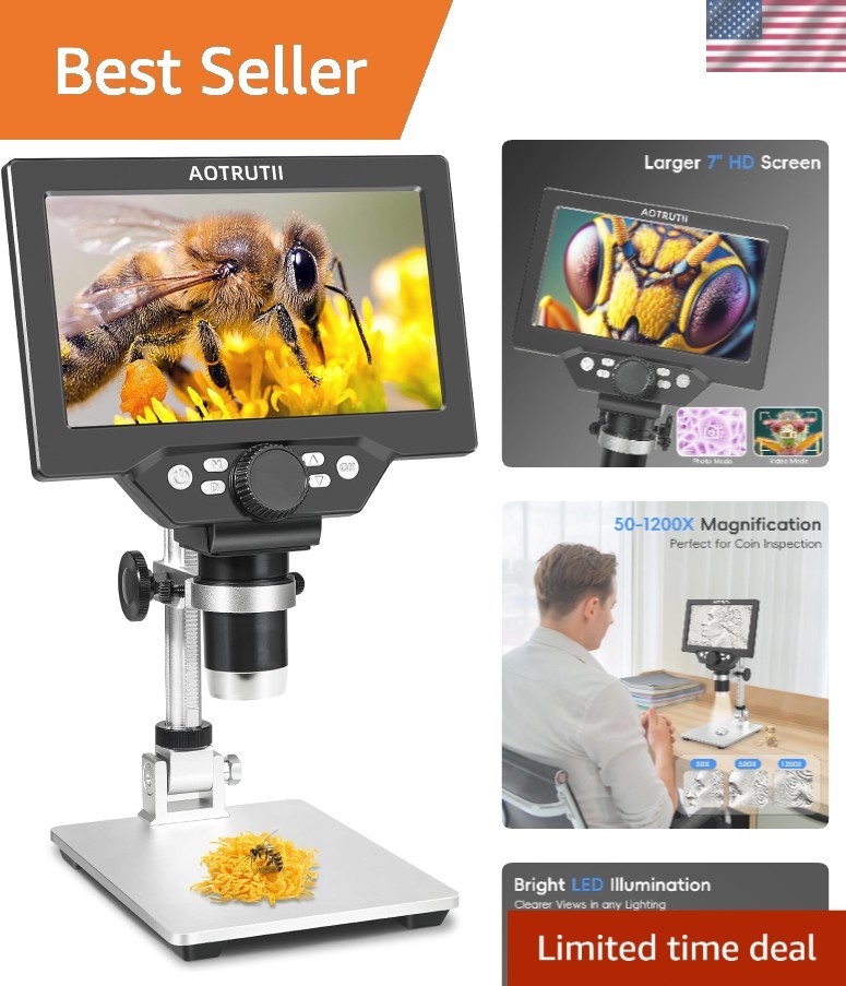 7" LCD Digital Microscope 1200X Magnification, 1080P Coin Microscope with Met...