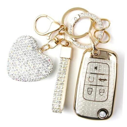 Key Fob Cover with Diamond Keychain for Women, Car Key Holder White-heart