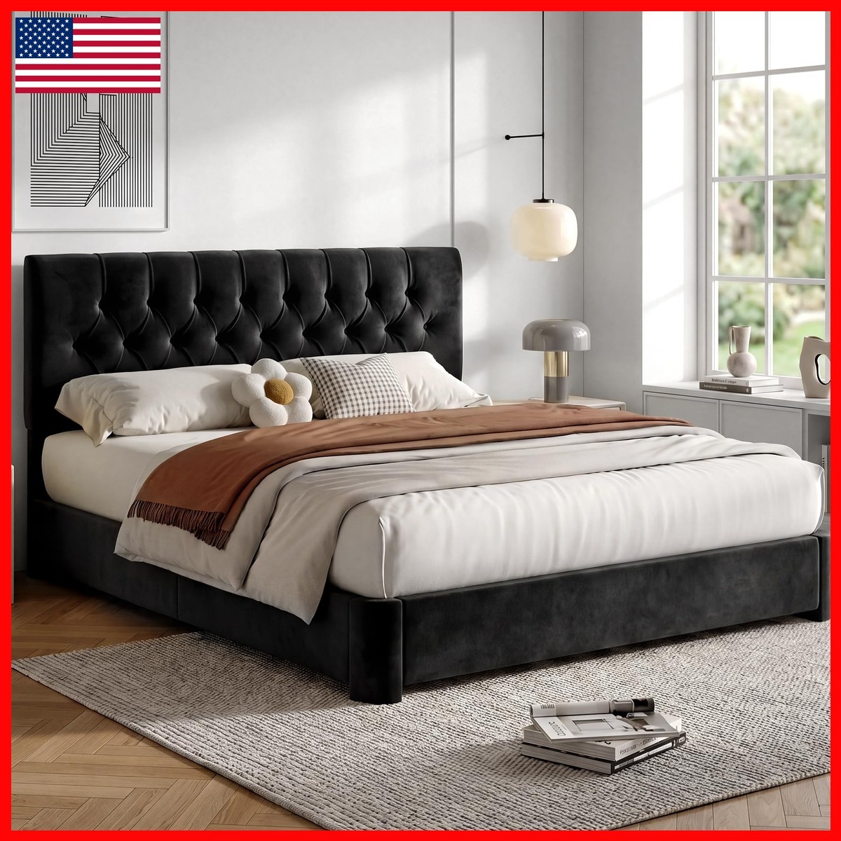 Vipbear BD13-VE-BK-Q Queen Size Velvet Bed Frame with Headboard - Black