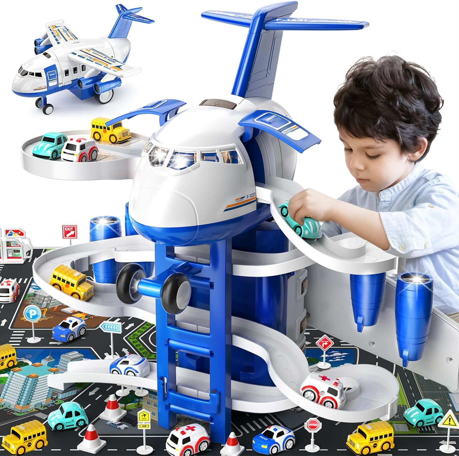 Airplane Toys for Toddlers 3-5 - Car Race Tracks for Kids Ages 4-8 with 8 Small