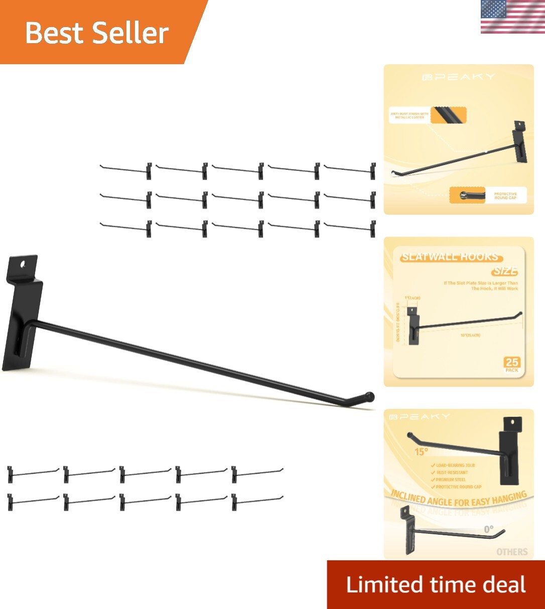 Versatile 10'' Black Slatwall Hooks - 25PCS for Easy Home or Retail Organization