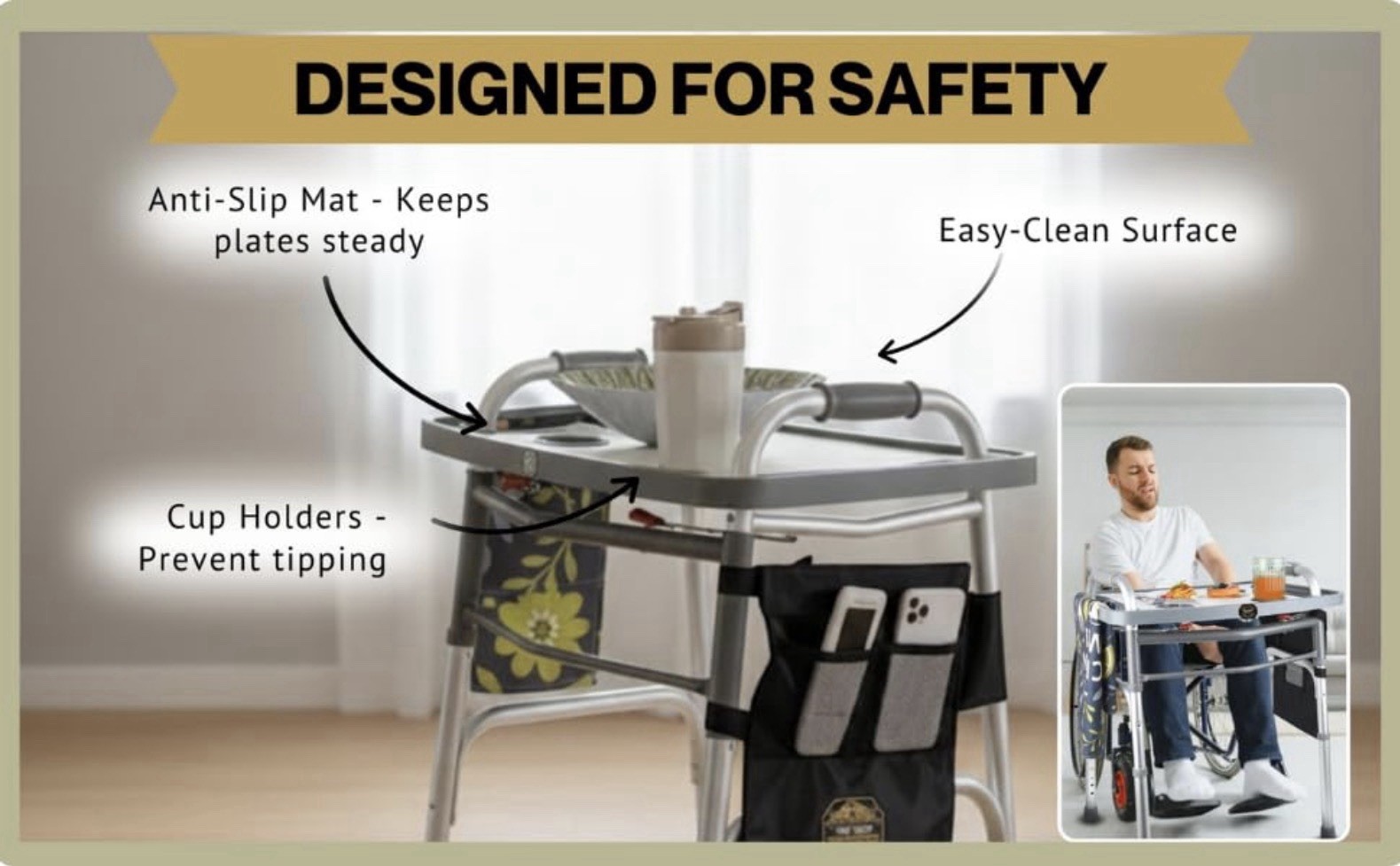 Pearze®️ Walker Tray for Rolling Folding Walker with Cup Holders ~ Nonslip Mat