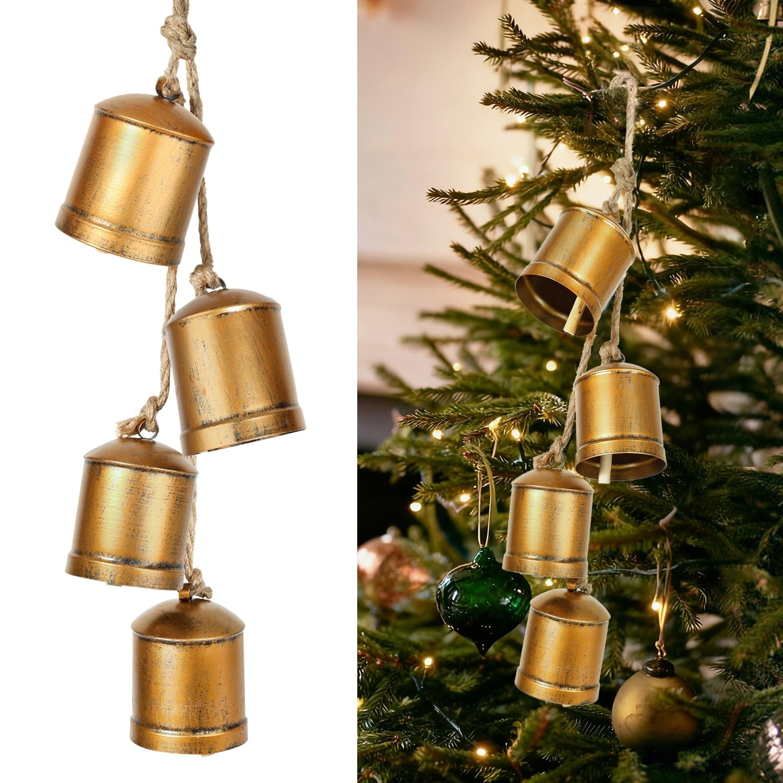 Christmas Bells, Vintage Cow Bells Decor, Set Large, Gold