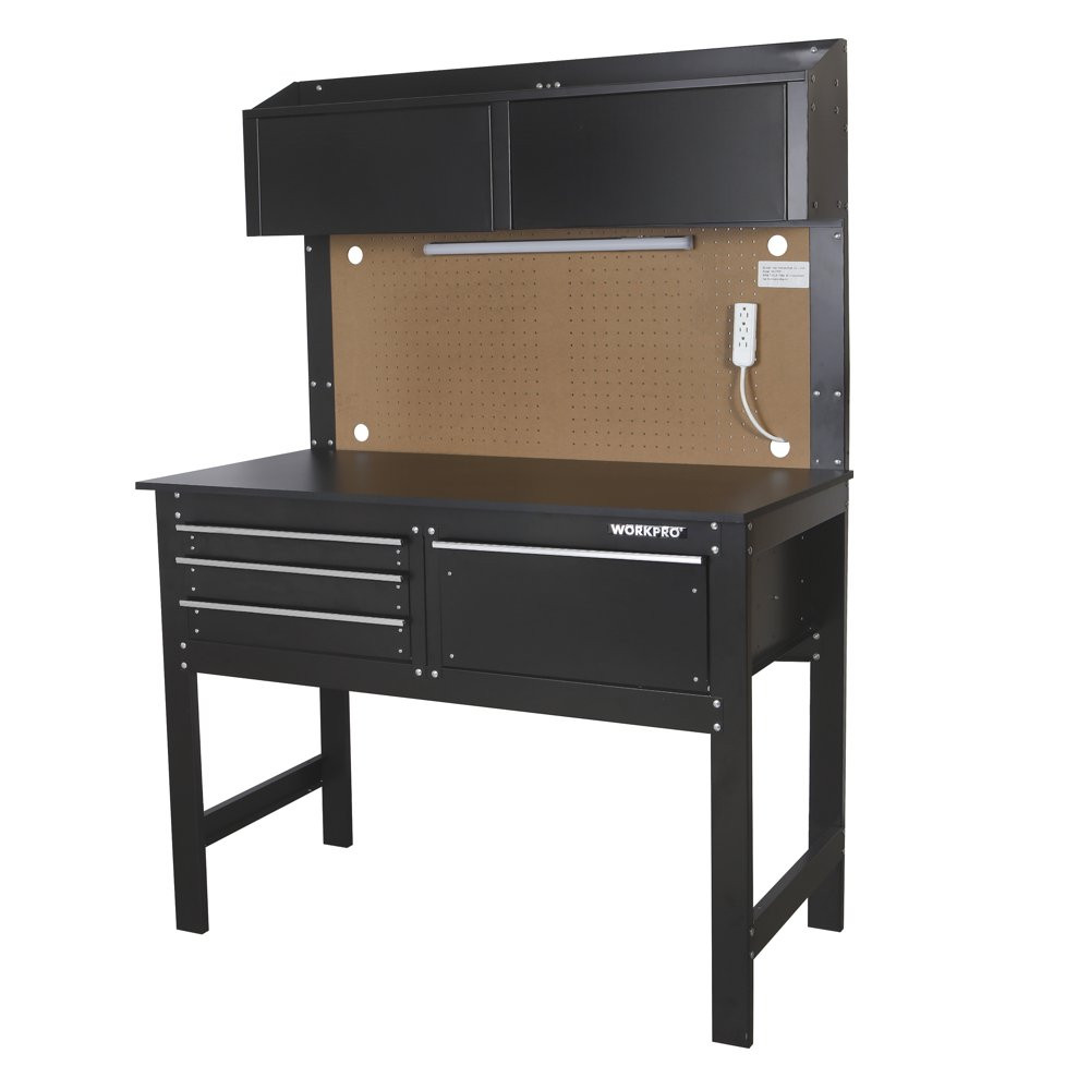 Workbench Cabinet Combo w Light 4" Tool Work Bench Steel Table Storage Garage