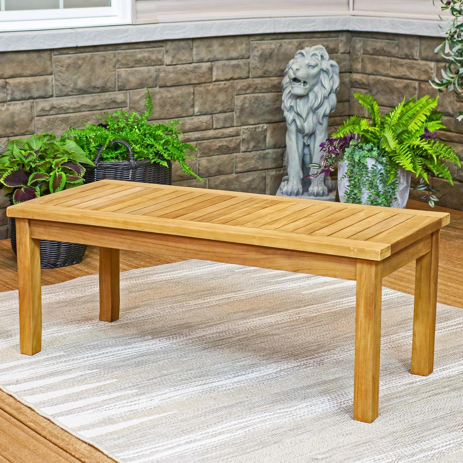 Outdoor Patio Coffee Table Solid Teak Wood 45” W Rectangular Light Brown
