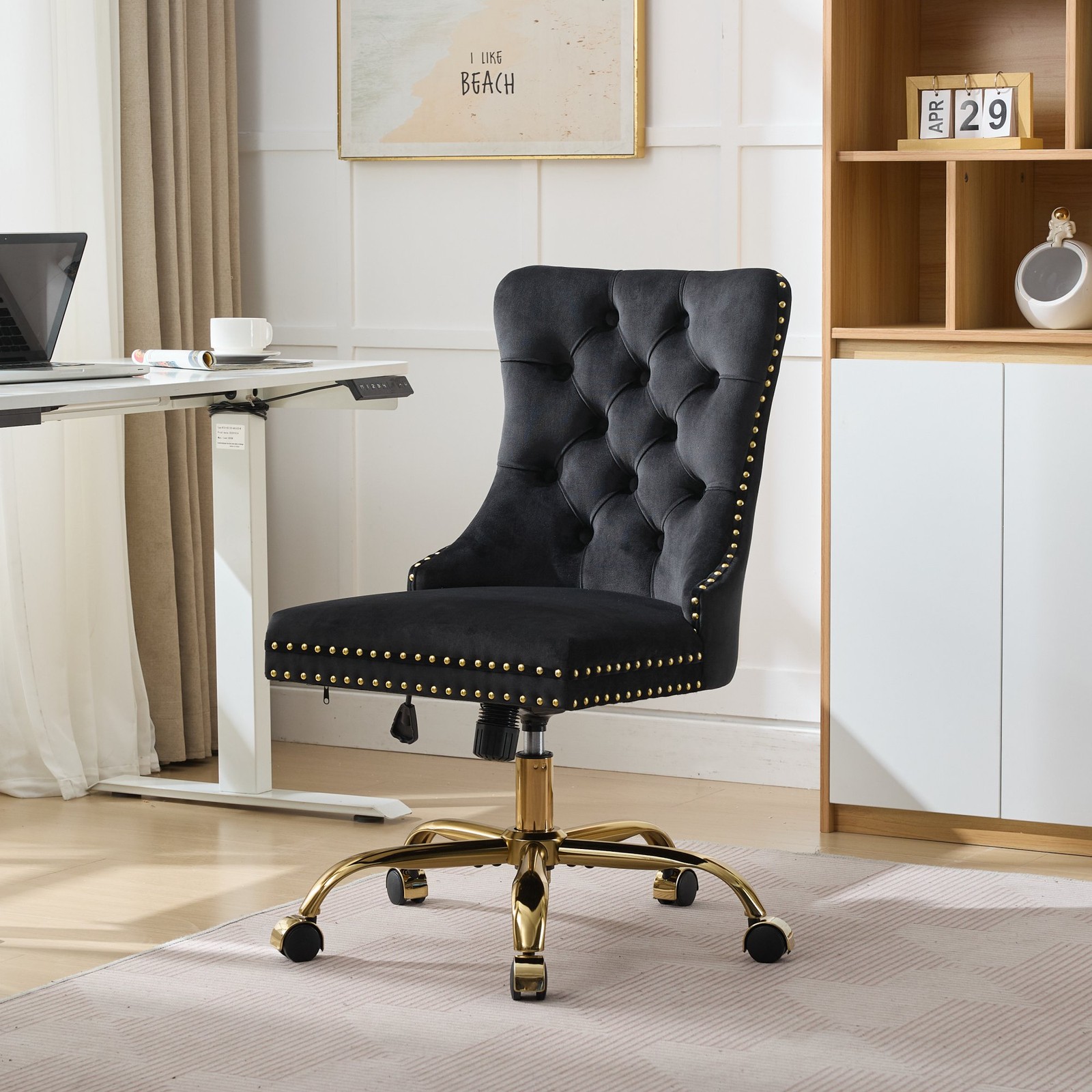 Velvet Upholstered Office Chair with Golden Base, Adjustable Height & Swivel