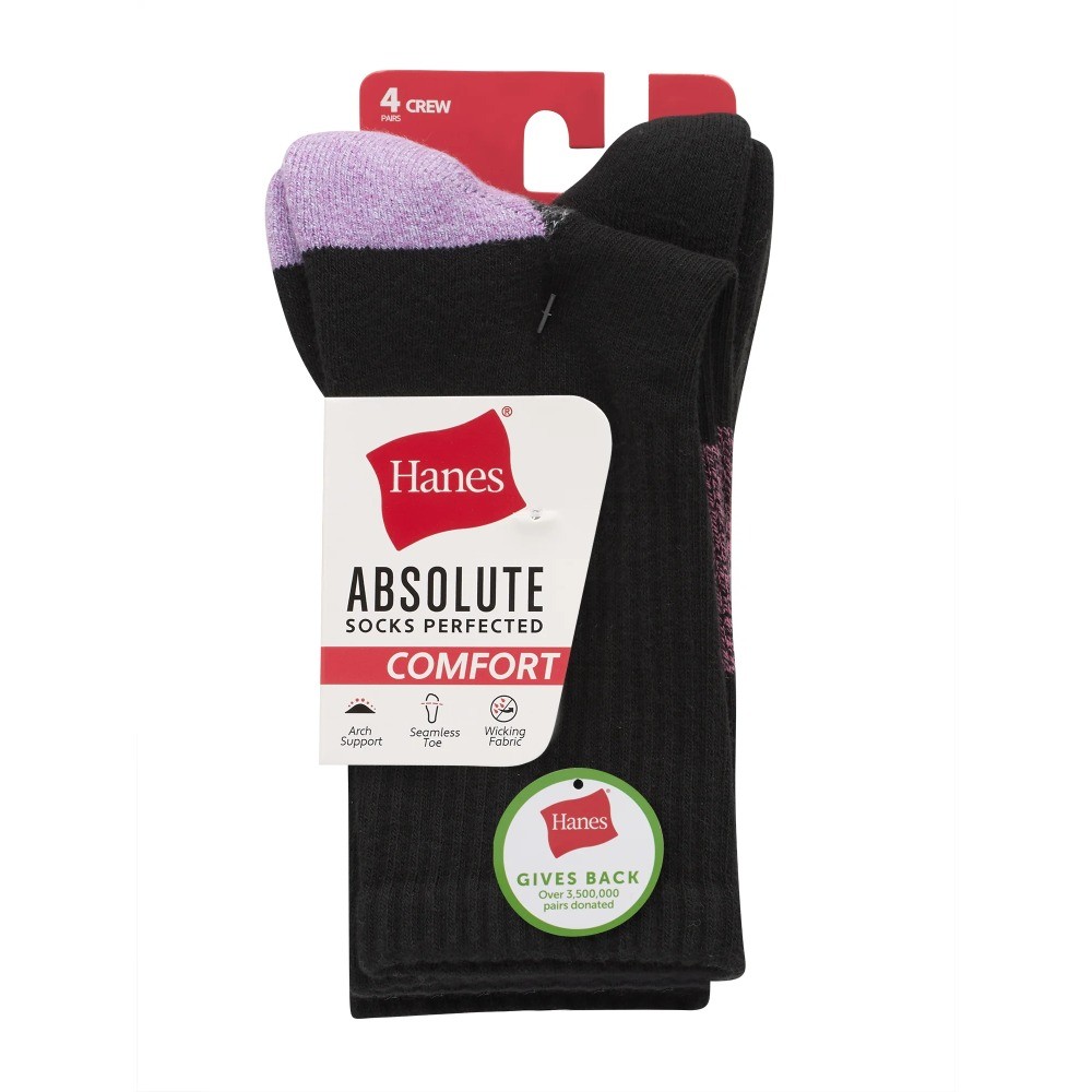 Hanes Women's Crew Socks, Absolute Comfort, 4-Pack, Size 5-9