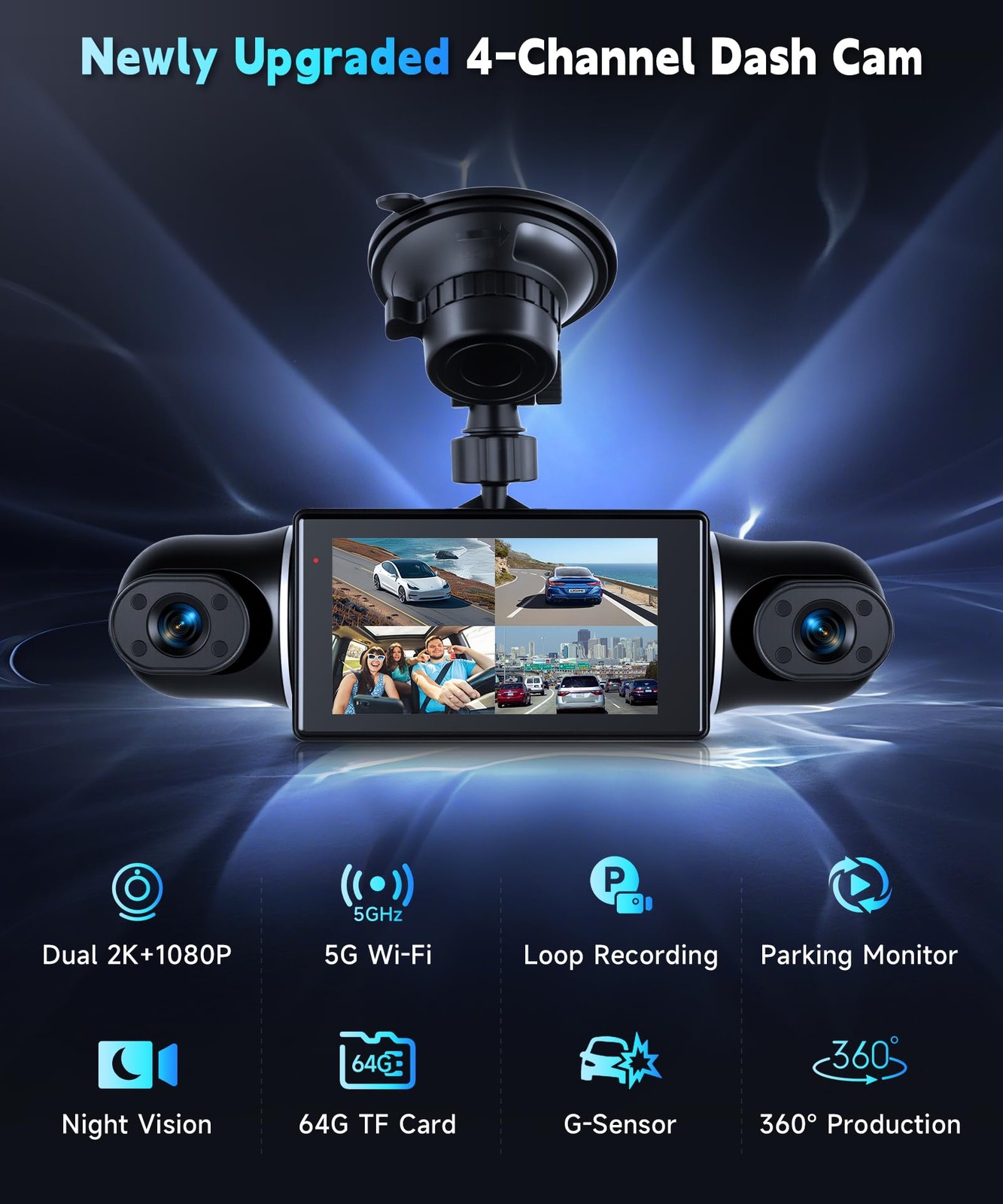 360° View 4 Channel Dash Cam 2K+1080P Front and Rear Inside, Left Right,WiFi ...