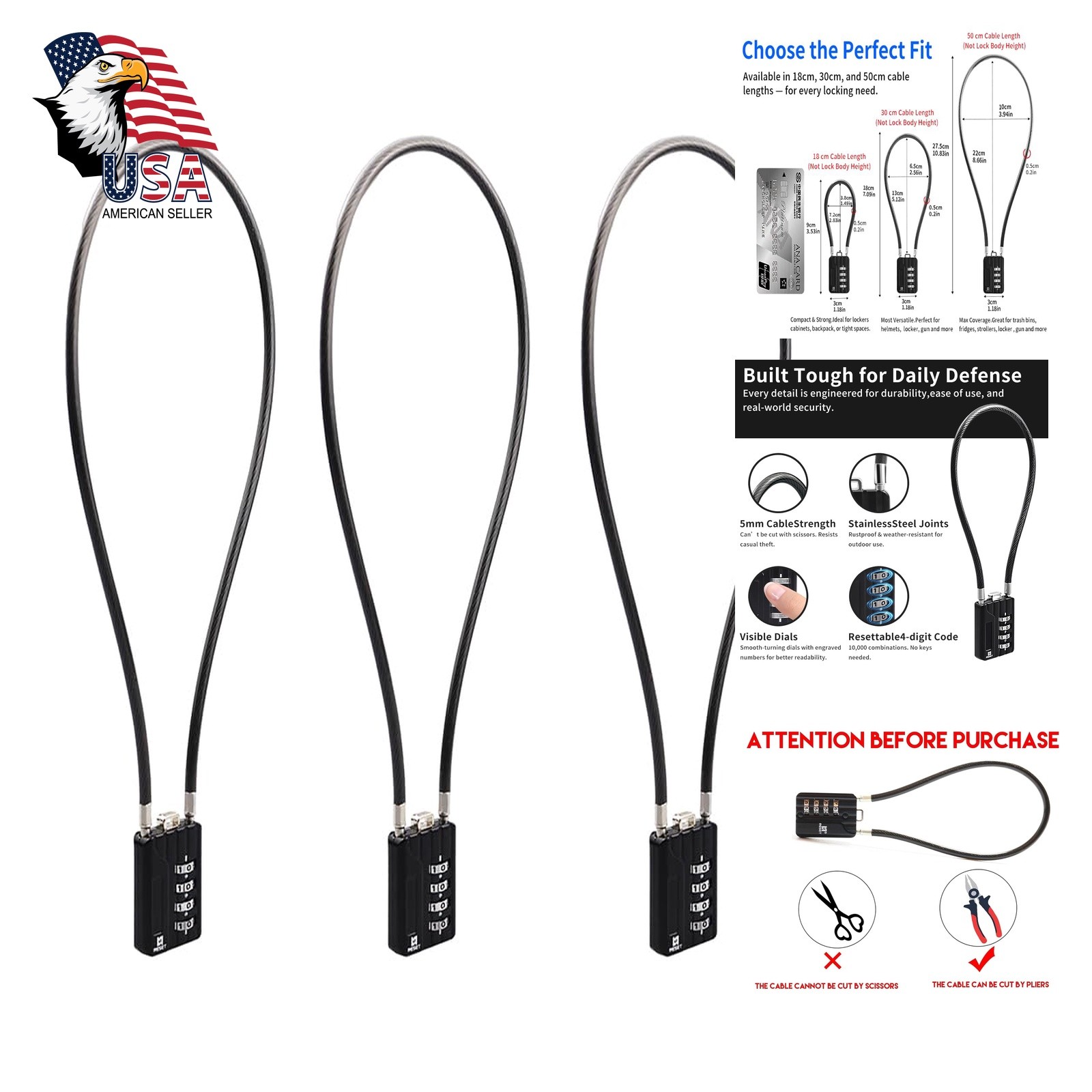 RESET 50cm cable padlock 3 pack