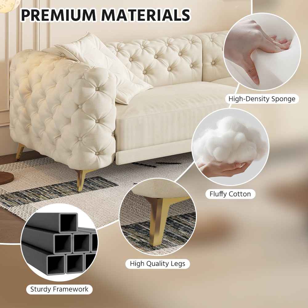 Convertible Sleeper Sofa Bed w Ottoman, Seats 4, Velvet, Beige/White